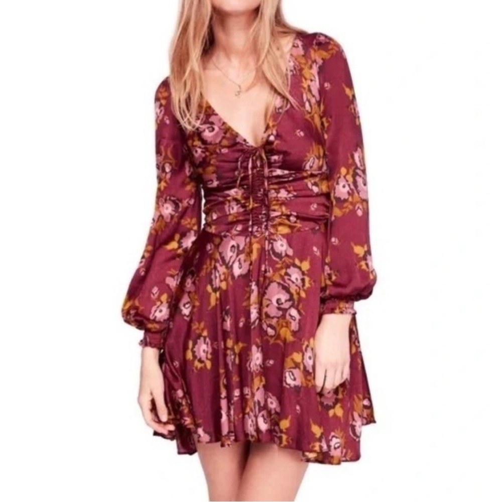 Free People Purple Gold Morning Floral Mini Dress Size 12 Boho